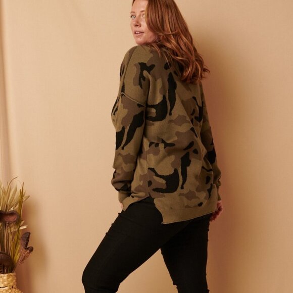 MITTOSHOP Camo Crewneck Sweater, Olive Green Brown, Cozy Knit Pullover - Picture 5 of 5